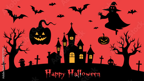 Happy halloween spooky haunted house and pumpkin illustration