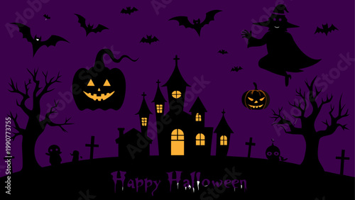 Spooky haunted house with jack-o'-lanterns on halloween night