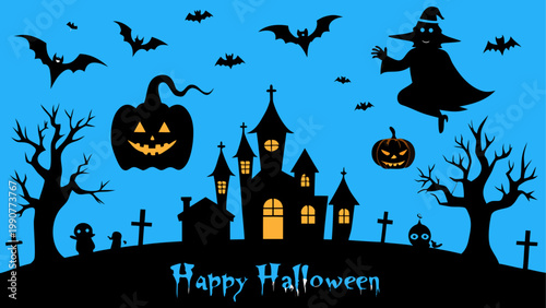 Halloween scene with bats flying over a spooky village at night