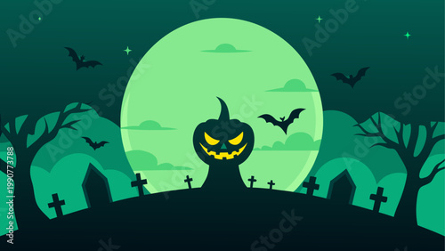 Glowing green alien face with sharp teeth and dark eyes