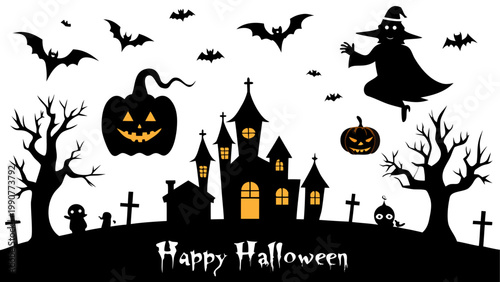 Happy halloween spooky castle with bats and jack-o-lanterns