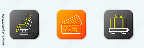 Set line Human waiting in airport terminal, Airline ticket and Conveyor belt with suitcase icon. Vector