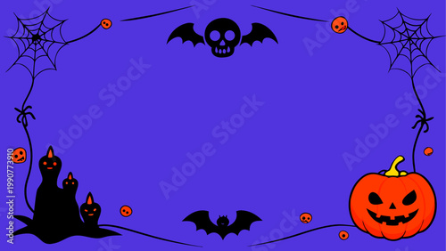 Halloween scene with bats, pumpkins, and a full moon