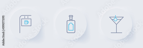 Set line Martini glass, Whiskey bottle and Street signboard with Bar icon. Vector
