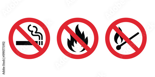No smoking and no open flame warning sign set red prohibition symbols for fire safety restriction and hazard control illustration
