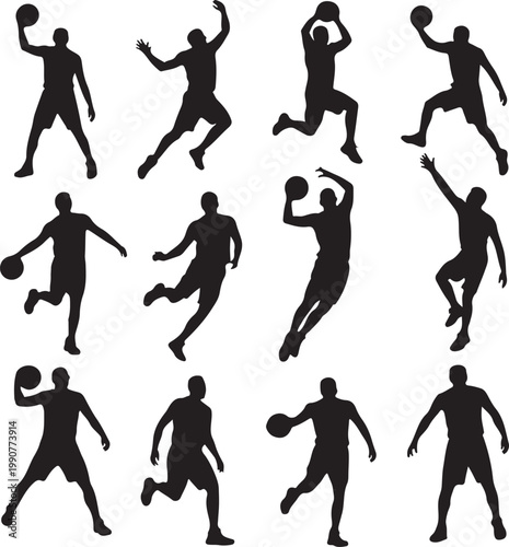 Dynamic silhouettes of basketball players in various action poses