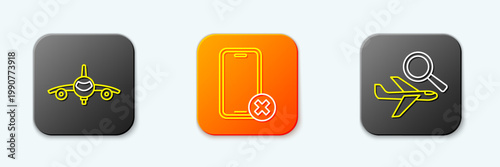 Set line Plane, No cell phone and Airplane search icon. Vector