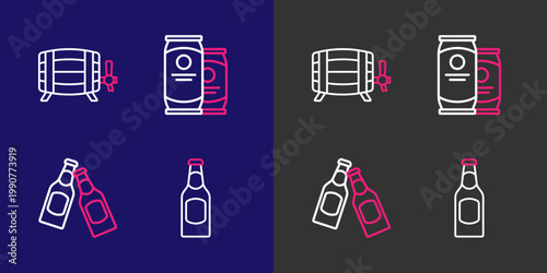 Set line Beer bottle, can and Wooden barrel icon. Vector