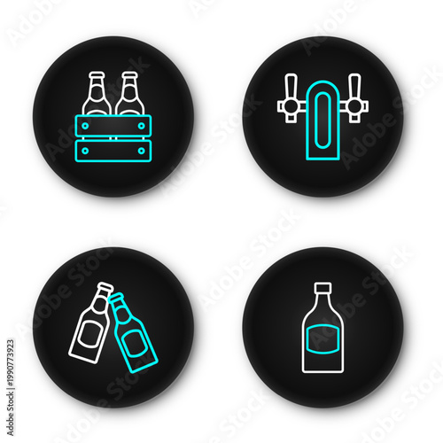 Set line Beer bottle, tap and Pack of beer bottles icon. Vector