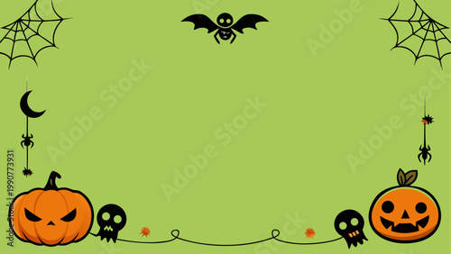 Halloween scene with pumpkins, bats, and a spiderweb on green grass