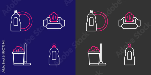 Set line Dishwashing liquid bottle, Mop and bucket, Wet wipe pack and icon. Vector