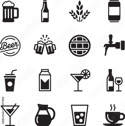 Collection of various beverage and drink icons representing alcoholic and non-alcoholic drinks