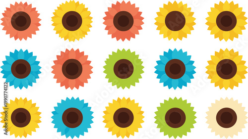Colorful Sunflower Icons Set in Various Styles and Colors, Decorative Floral Elements Collection for Summer Design, Patterns, Backgrounds, and Nature Themed Graphics