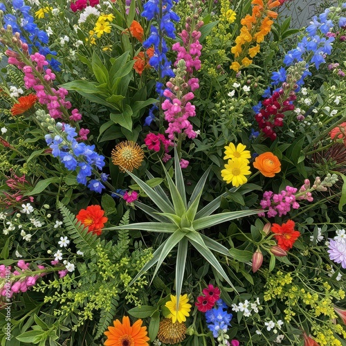 Aerial view of a vibrant cityscape with colorful rooftops and streets