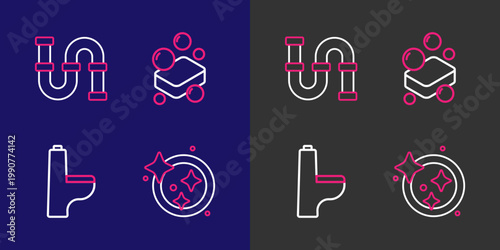 Set line Washing dishes, Toilet bowl, Bar of soap and Industry metallic pipe icon. Vector
