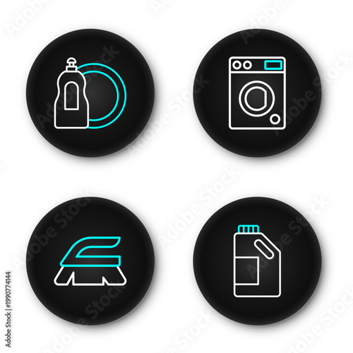 Set line Bottle for cleaning agent, Brush, Washer and Dishwashing liquid bottle icon. Vector