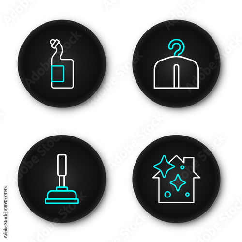 Set line Home cleaning service, Rubber plunger, Hanger wardrobe and Dishwashing liquid bottle icon. Vector
