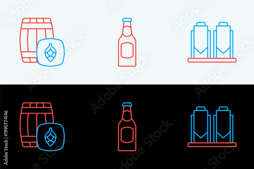 Set line Beer brewing process, Wooden barrel and bottle icon. Vector
