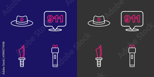 Set line Police electric shocker, Military knife, Telephone call 911 and Sheriff hat with badge icon. Vector