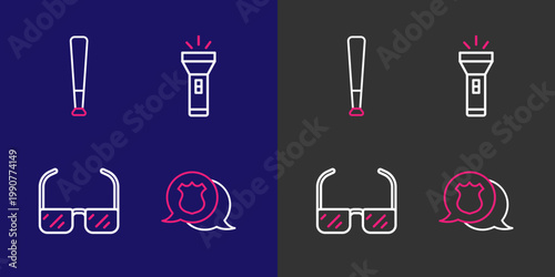 Set line Police badge, Safety goggle glasses, Flashlight and Baseball bat icon. Vector