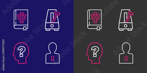 Set line Solution to the problem, Head with question mark, Metronome pendulum and Psychology book, Psi icon. Vector