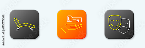 Set line Armchair, Solution to the problem and Comedy and tragedy masks icon. Vector