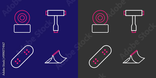 Set line Skate park, Skateboard, T tool and wheel icon. Vector