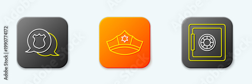 Set line Police badge, cap with cockade and Safe icon. Vector