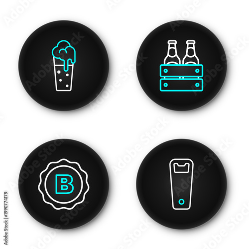 Set line Bottle opener, cap with beer, Pack of bottles and Glass icon. Vector