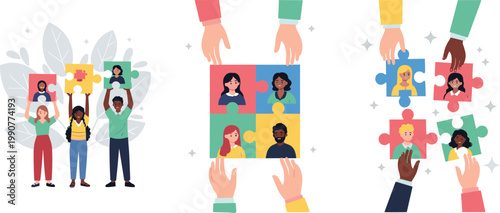Diversity and Inclusion Concept Illustration with Puzzle Pieces, Multicultural People, Teamwork, Equality, Community Support, and Social Unity Flat Vector Set