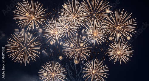 Golden fireworks burst across a dark night sky in a spectacular display. Multiple explosions bloom with bright sparks radiating outward, creating a festive atmosphere for New Year celebrations.