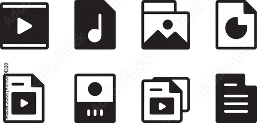 Icons representing digital file formats and media types are displayed in a clean grid layout that is suitable for modern user interface design projects and website navigation elements for businesses.