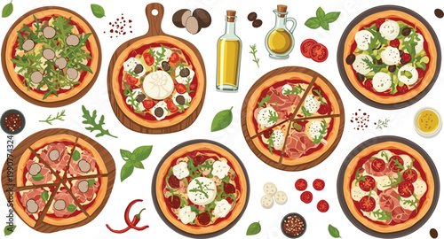  Realistic Flat Style Italian Pizza Variety Set with Fresh Toppings, Olive Oil, Vegetables, and Herbs for Restaurant and Menu Designs