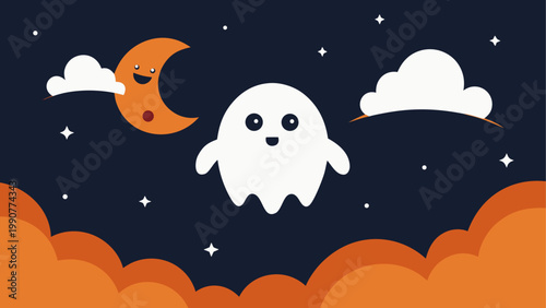 Friendly ghost floating under a crescent moon and clouds at night