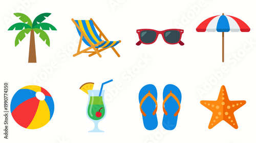 A beach vacation icon set featuring palm tree, striped deck chair, sunglasses, umbrella, beach ball, cocktail, flip flops and starfish illustration.