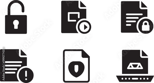 Security icons and document status indicators showing locks, warnings, and protection shields for secure digital file management systems.