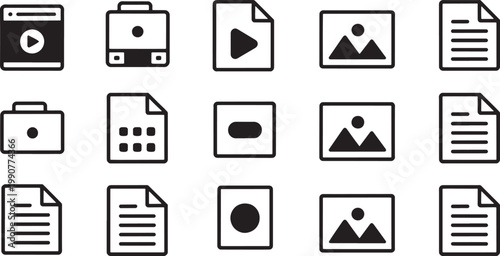 File icons and media content markers organized in a structured grid for use in multimedia software interfaces and digital file management applications.