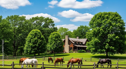 Rural farm scene with horses grazing in a green pasture surrounded by wooden fencing. A brick farmhouse with dark roof sits among mature trees under blue sky. Ideal for agricultural projects.