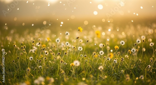 A sunny meadow filled with wildflowers and grass. Tiny daisies and yellow blooms dot the green field under soft light. Delicate bokeh creates a dreamy mood. Perfect for spring themes.