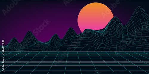 Retro Wave music album cover template with element. Wireframe landscape background. Big Data. Cyberpunk vector illustration. 80s Retro Sci-Fi Background
