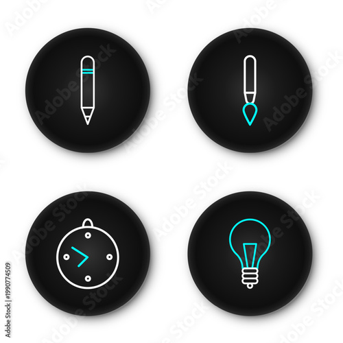 Set line Light bulb with concept of idea, Clock, Paint brush and Pencil eraser icon. Vector