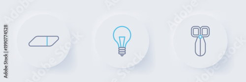 Set line Scissors, Light bulb with concept of idea and Eraser rubber icon. Vector