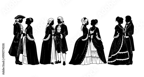 Historical couples silhouettes in retro fashion 17th 18th 19th century romantic pairs vector illustration