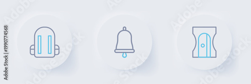 Set line Pencil sharpener, Ringing bell and School backpack icon. Vector