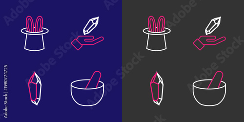 Set line Witch cauldron, Magic stone, and Magician hat and rabbit ears icon. Vector