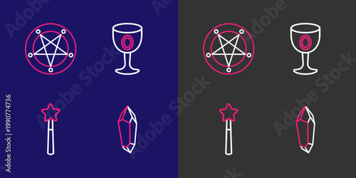 Set line Magic stone, wand, Medieval goblet and Pentagram in circle icon. Vector