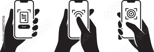 Smartphone icons show a hand interacting with a mobile device screen to navigate through digital menus and perform various scanning or authentication tasks.