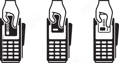 Credit card reader icons display a hand inserting a card into a terminal to perform a secure and efficient financial transaction for everyday shopping.
