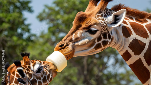 The giraffe is drinking milk.