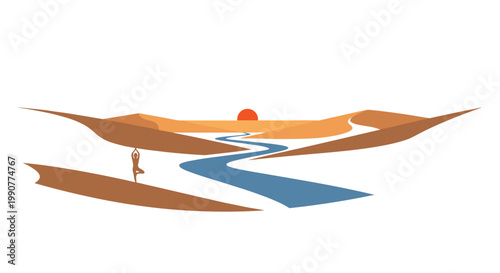 A tranquil minimalist landscape features a solitary yoga figure practicing a tree pose, beside a winding blue river under a vibrant orange setting sun.